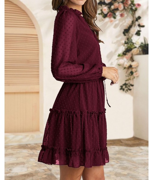 BTFBM Long Sleeve Fall Dresses for Women 2025 Summer Casual Tie Neck Ruffle Tiered A Line Wedding Guest Short Mini Dress