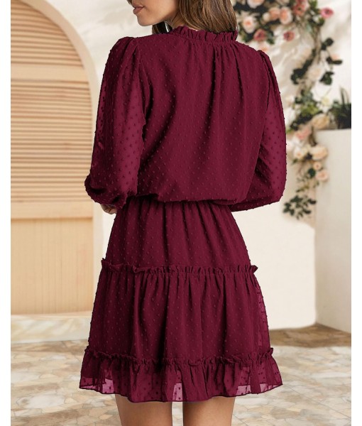 BTFBM Long Sleeve Fall Dresses for Women 2025 Summer Casual Tie Neck Ruffle Tiered A Line Wedding Guest Short Mini Dress