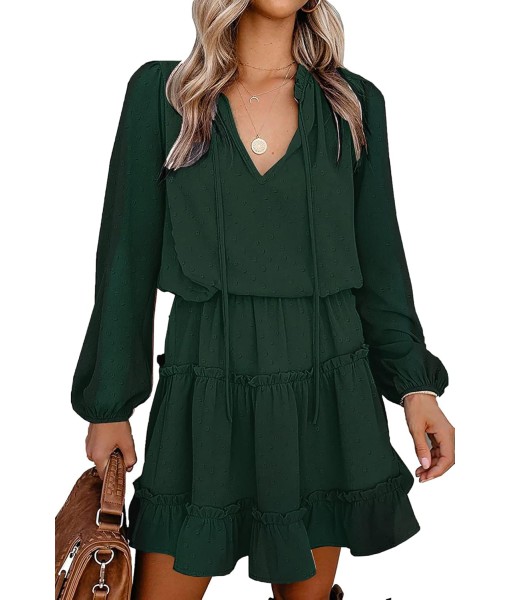BTFBM Long Sleeve Fall Dresses for Women 2025 Summer Casual Tie Neck Ruffle Tiered A Line Wedding Guest Short Mini Dress