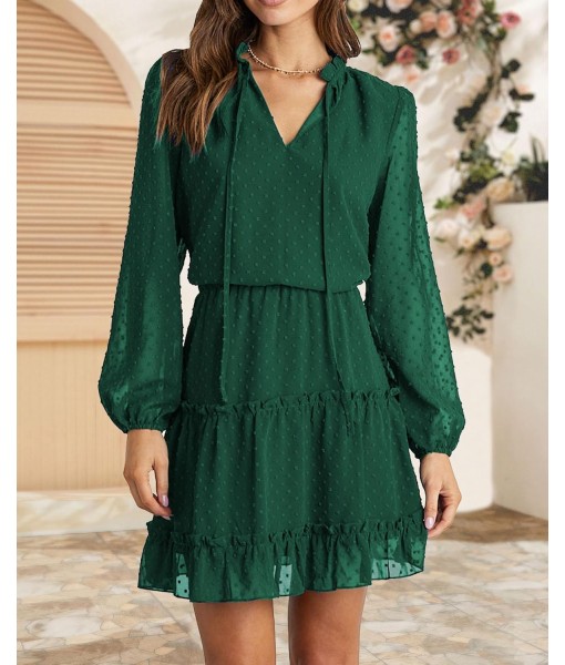 BTFBM Long Sleeve Fall Dresses for Women 2025 Summer Casual Tie Neck Ruffle Tiered A Line Wedding Guest Short Mini Dress
