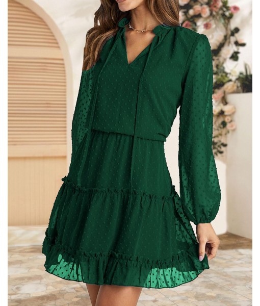 BTFBM Long Sleeve Fall Dresses for Women 2025 Summer Casual Tie Neck Ruffle Tiered A Line Wedding Guest Short Mini Dress