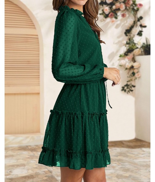 BTFBM Long Sleeve Fall Dresses for Women 2025 Summer Casual Tie Neck Ruffle Tiered A Line Wedding Guest Short Mini Dress