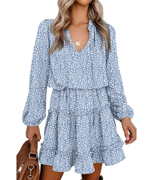 BTFBM Long Sleeve Fall Dresses for Women 2025 Summer Casual Tie Neck Ruffle Tiered A Line Wedding Guest Short Mini Dress