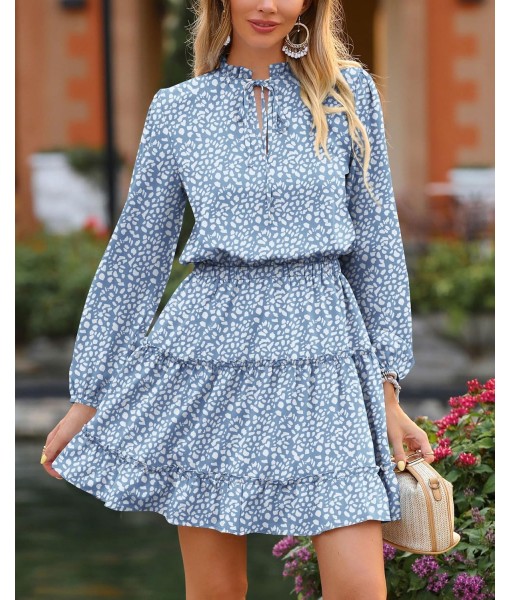 BTFBM Long Sleeve Fall Dresses for Women 2025 Summer Casual Tie Neck Ruffle Tiered A Line Wedding Guest Short Mini Dress