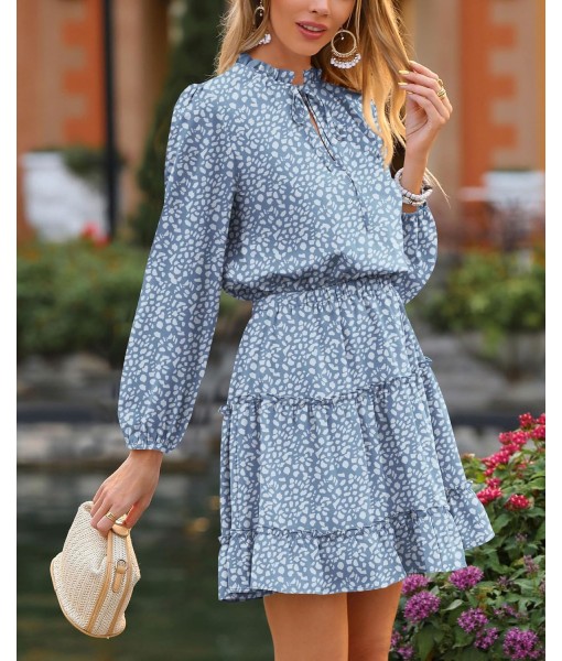 BTFBM Long Sleeve Fall Dresses for Women 2025 Summer Casual Tie Neck Ruffle Tiered A Line Wedding Guest Short Mini Dress