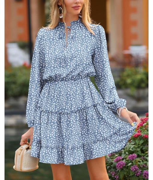 BTFBM Long Sleeve Fall Dresses for Women 2025 Summer Casual Tie Neck Ruffle Tiered A Line Wedding Guest Short Mini Dress
