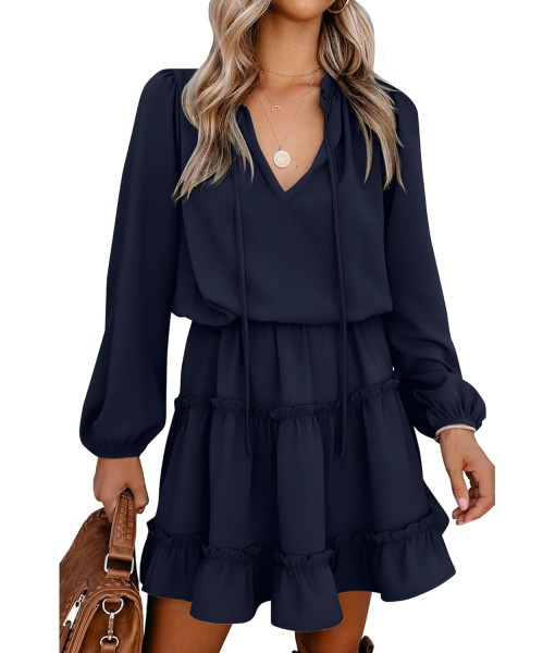 BTFBM Long Sleeve Fall Dresses for Women 2025 Summer Casual Tie Neck Ruffle Tiered A Line Wedding Guest Short Mini Dress