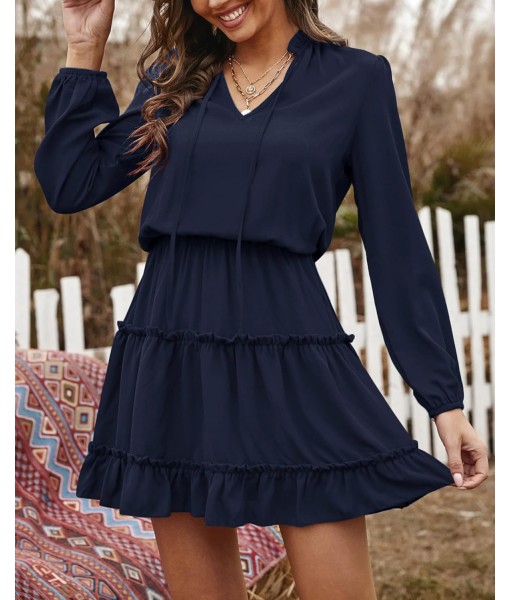 BTFBM Long Sleeve Fall Dresses for Women 2025 Summer Casual Tie Neck Ruffle Tiered A Line Wedding Guest Short Mini Dress