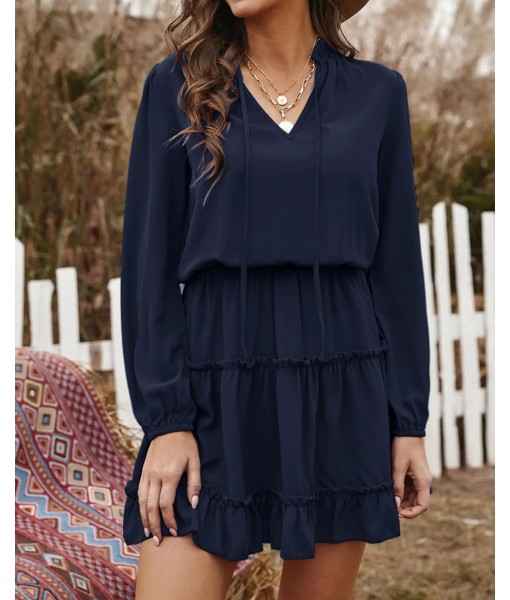 BTFBM Long Sleeve Fall Dresses for Women 2025 Summer Casual Tie Neck Ruffle Tiered A Line Wedding Guest Short Mini Dress