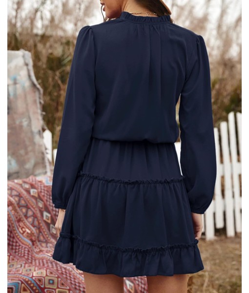 BTFBM Long Sleeve Fall Dresses for Women 2025 Summer Casual Tie Neck Ruffle Tiered A Line Wedding Guest Short Mini Dress