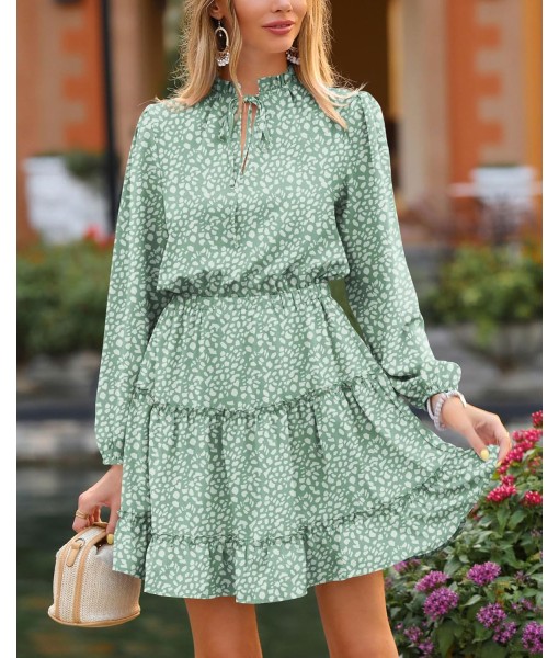 BTFBM Long Sleeve Fall Dresses for Women 2025 Summer Casual Tie Neck Ruffle Tiered A Line Wedding Guest Short Mini Dress