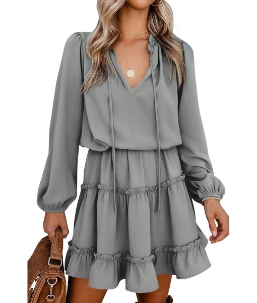 BTFBM Long Sleeve Fall Dresses for Women 2025 Summer Casual Tie Neck Ruffle Tiered A Line Wedding Guest Short Mini Dress