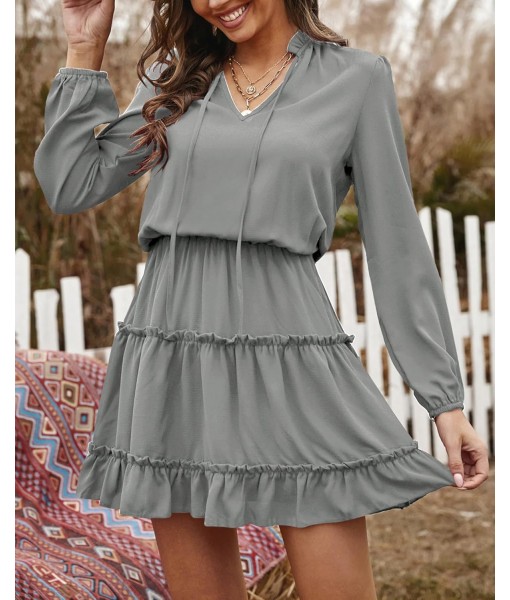 BTFBM Long Sleeve Fall Dresses for Women 2025 Summer Casual Tie Neck Ruffle Tiered A Line Wedding Guest Short Mini Dress