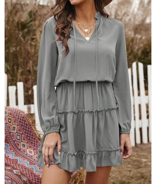 BTFBM Long Sleeve Fall Dresses for Women 2025 Summer Casual Tie Neck Ruffle Tiered A Line Wedding Guest Short Mini Dress
