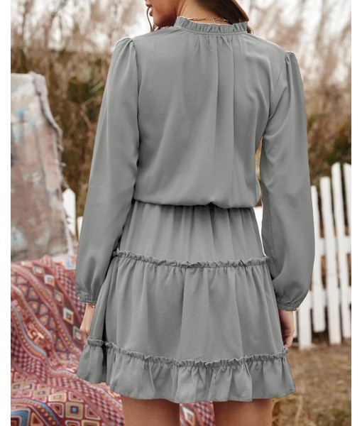BTFBM Long Sleeve Fall Dresses for Women 2025 Summer Casual Tie Neck Ruffle Tiered A Line Wedding Guest Short Mini Dress