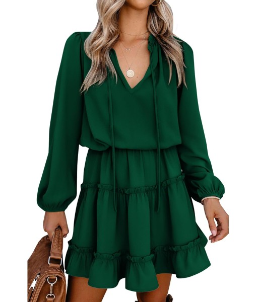 BTFBM Long Sleeve Fall Dresses for Women 2025 Summer Casual Tie Neck Ruffle Tiered A Line Wedding Guest Short Mini Dress