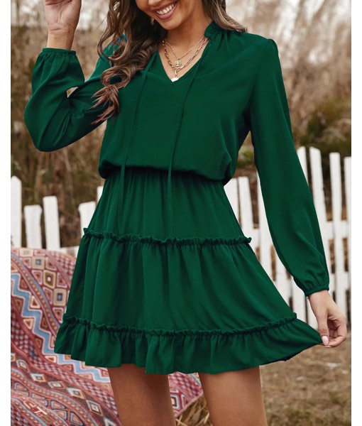 BTFBM Long Sleeve Fall Dresses for Women 2025 Summer Casual Tie Neck Ruffle Tiered A Line Wedding Guest Short Mini Dress