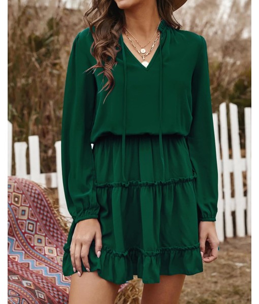 BTFBM Long Sleeve Fall Dresses for Women 2025 Summer Casual Tie Neck Ruffle Tiered A Line Wedding Guest Short Mini Dress