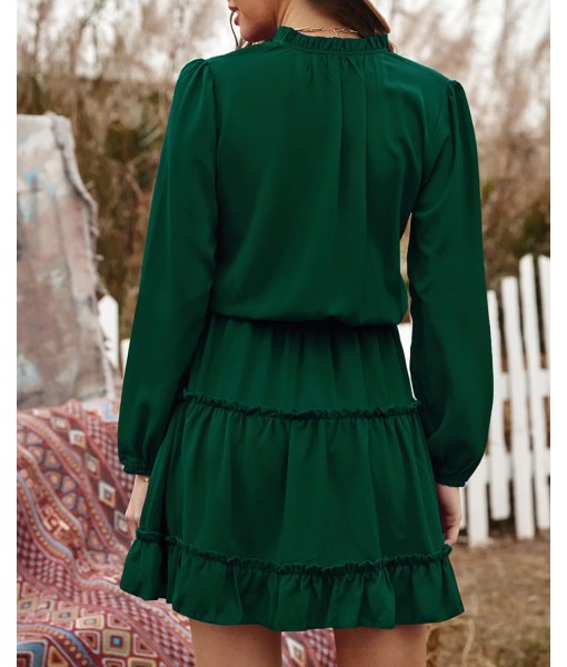 BTFBM Long Sleeve Fall Dresses for Women 2025 Summer Casual Tie Neck Ruffle Tiered A Line Wedding Guest Short Mini Dress