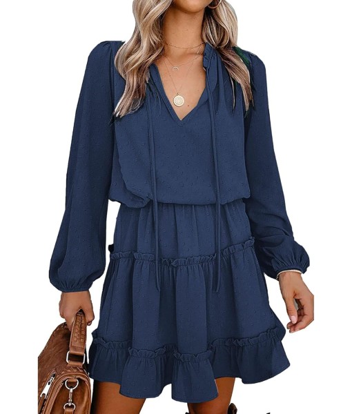 BTFBM Long Sleeve Fall Dresses for Women 2025 Summer Casual Tie Neck Ruffle Tiered A Line Wedding Guest Short Mini Dress