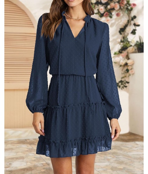 BTFBM Long Sleeve Fall Dresses for Women 2025 Summer Casual Tie Neck Ruffle Tiered A Line Wedding Guest Short Mini Dress