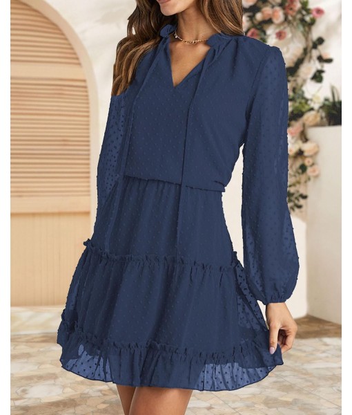 BTFBM Long Sleeve Fall Dresses for Women 2025 Summer Casual Tie Neck Ruffle Tiered A Line Wedding Guest Short Mini Dress