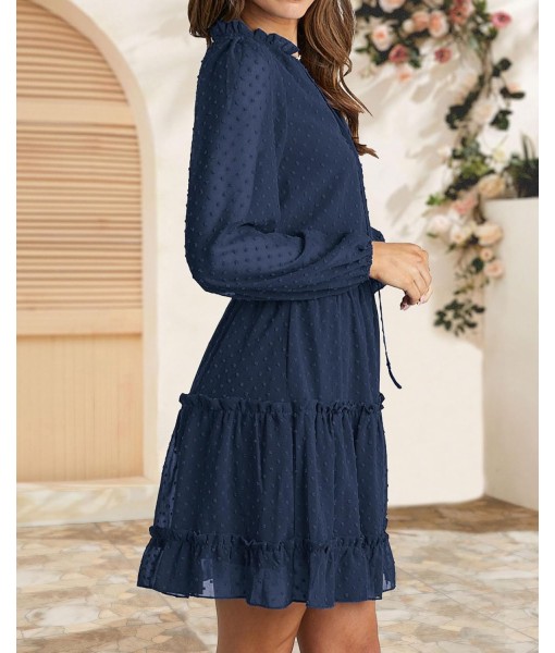 BTFBM Long Sleeve Fall Dresses for Women 2025 Summer Casual Tie Neck Ruffle Tiered A Line Wedding Guest Short Mini Dress