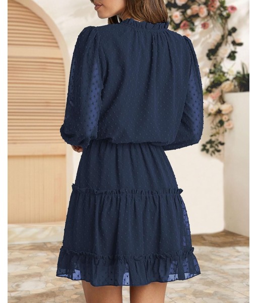 BTFBM Long Sleeve Fall Dresses for Women 2025 Summer Casual Tie Neck Ruffle Tiered A Line Wedding Guest Short Mini Dress