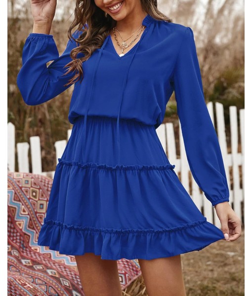 BTFBM Long Sleeve Fall Dresses for Women 2025 Summer Casual Tie Neck Ruffle Tiered A Line Wedding Guest Short Mini Dress