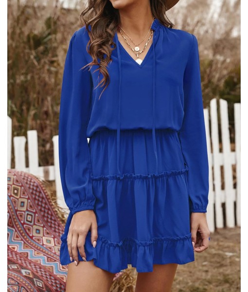 BTFBM Long Sleeve Fall Dresses for Women 2025 Summer Casual Tie Neck Ruffle Tiered A Line Wedding Guest Short Mini Dress