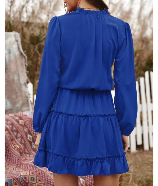 BTFBM Long Sleeve Fall Dresses for Women 2025 Summer Casual Tie Neck Ruffle Tiered A Line Wedding Guest Short Mini Dress