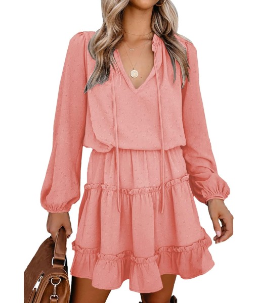 BTFBM Long Sleeve Fall Dresses for Women 2025 Summer Casual Tie Neck Ruffle Tiered A Line Wedding Guest Short Mini Dress