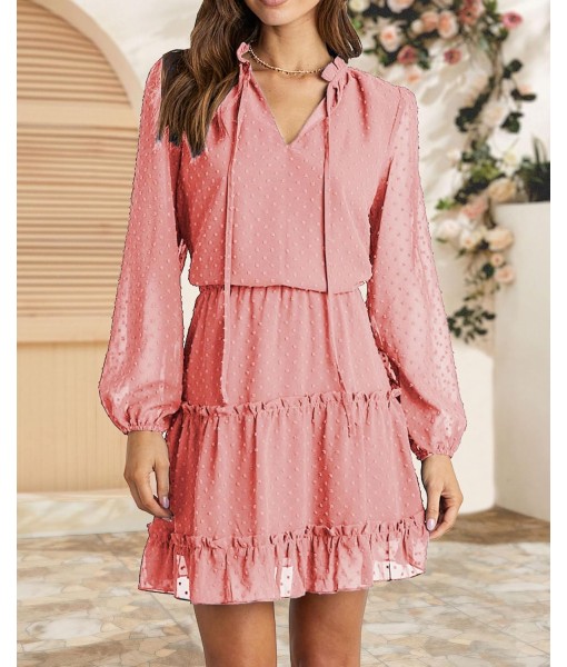 BTFBM Long Sleeve Fall Dresses for Women 2025 Summer Casual Tie Neck Ruffle Tiered A Line Wedding Guest Short Mini Dress