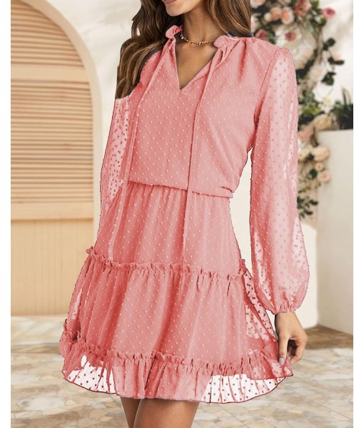 BTFBM Long Sleeve Fall Dresses for Women 2025 Summer Casual Tie Neck Ruffle Tiered A Line Wedding Guest Short Mini Dress