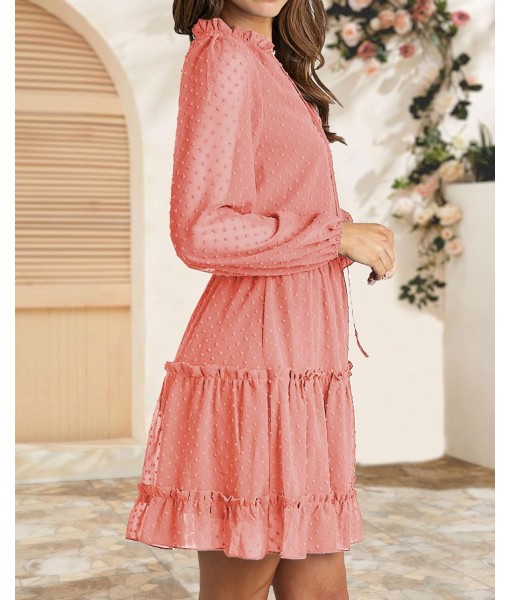 BTFBM Long Sleeve Fall Dresses for Women 2025 Summer Casual Tie Neck Ruffle Tiered A Line Wedding Guest Short Mini Dress