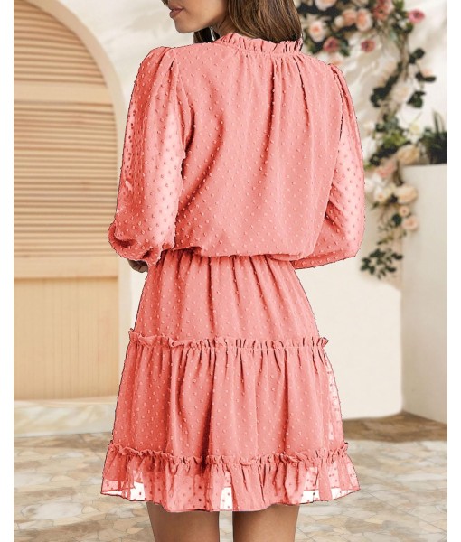BTFBM Long Sleeve Fall Dresses for Women 2025 Summer Casual Tie Neck Ruffle Tiered A Line Wedding Guest Short Mini Dress