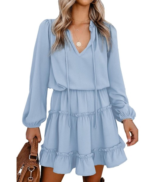 BTFBM Long Sleeve Fall Dresses for Women 2025 Summer Casual Tie Neck Ruffle Tiered A Line Wedding Guest Short Mini Dress