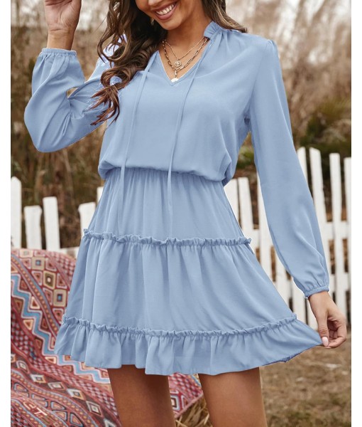 BTFBM Long Sleeve Fall Dresses for Women 2025 Summer Casual Tie Neck Ruffle Tiered A Line Wedding Guest Short Mini Dress