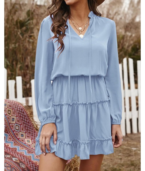 BTFBM Long Sleeve Fall Dresses for Women 2025 Summer Casual Tie Neck Ruffle Tiered A Line Wedding Guest Short Mini Dress