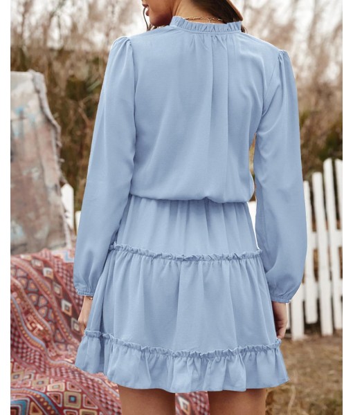BTFBM Long Sleeve Fall Dresses for Women 2025 Summer Casual Tie Neck Ruffle Tiered A Line Wedding Guest Short Mini Dress