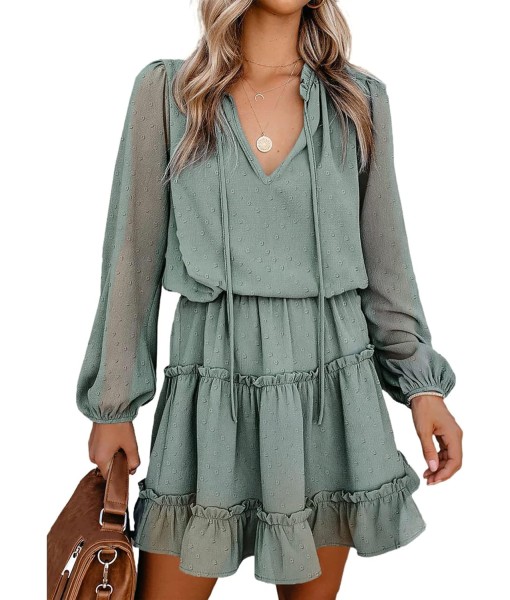 BTFBM Long Sleeve Fall Dresses for Women 2025 Summer Casual Tie Neck Ruffle Tiered A Line Wedding Guest Short Mini Dress