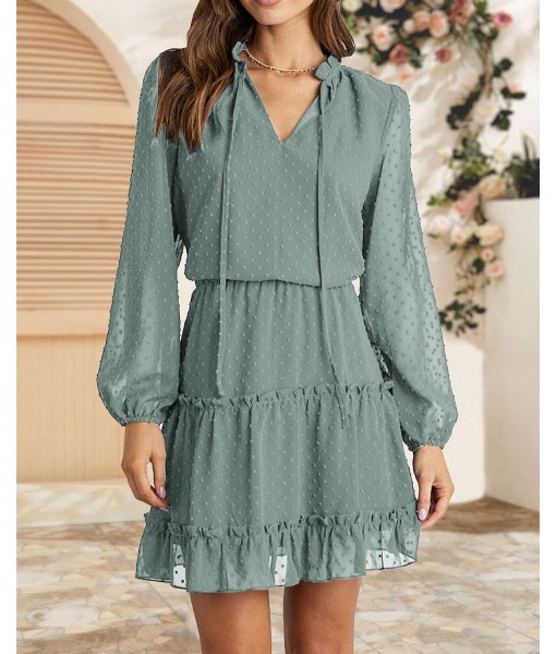 BTFBM Long Sleeve Fall Dresses for Women 2025 Summer Casual Tie Neck Ruffle Tiered A Line Wedding Guest Short Mini Dress