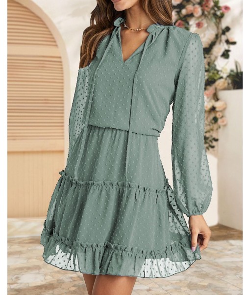 BTFBM Long Sleeve Fall Dresses for Women 2025 Summer Casual Tie Neck Ruffle Tiered A Line Wedding Guest Short Mini Dress