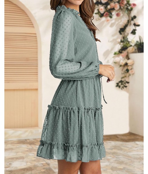BTFBM Long Sleeve Fall Dresses for Women 2025 Summer Casual Tie Neck Ruffle Tiered A Line Wedding Guest Short Mini Dress
