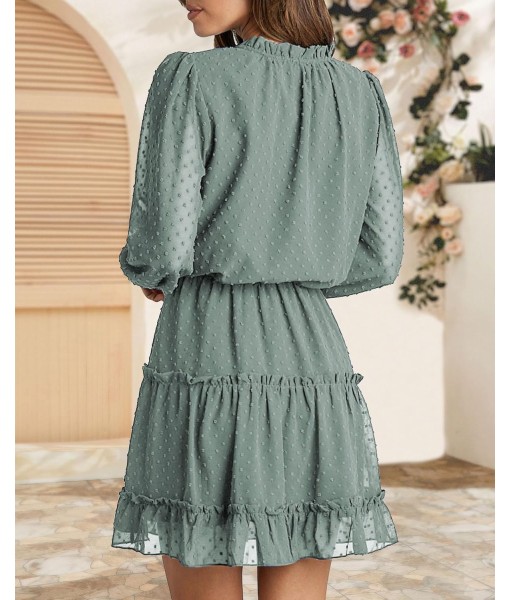 BTFBM Long Sleeve Fall Dresses for Women 2025 Summer Casual Tie Neck Ruffle Tiered A Line Wedding Guest Short Mini Dress