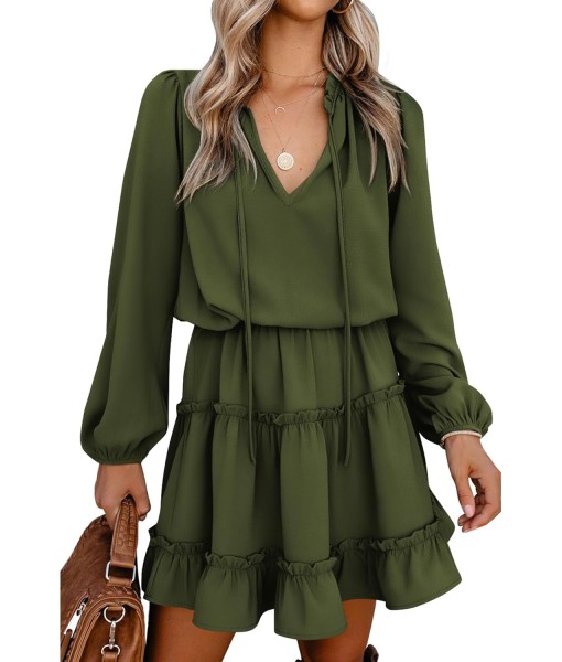 BTFBM Long Sleeve Fall Dresses for Women 2025 Summer Casual Tie Neck Ruffle Tiered A Line Wedding Guest Short Mini Dress