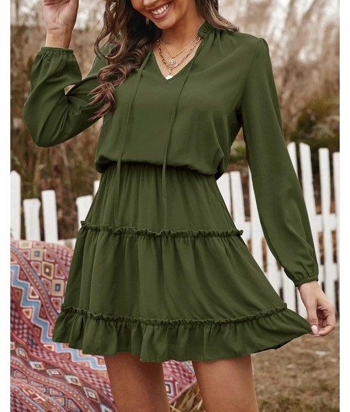 BTFBM Long Sleeve Fall Dresses for Women 2025 Summer Casual Tie Neck Ruffle Tiered A Line Wedding Guest Short Mini Dress