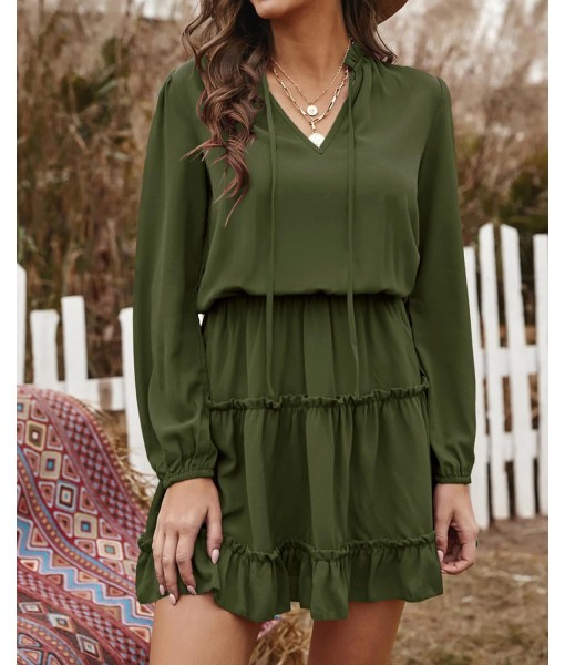 BTFBM Long Sleeve Fall Dresses for Women 2025 Summer Casual Tie Neck Ruffle Tiered A Line Wedding Guest Short Mini Dress