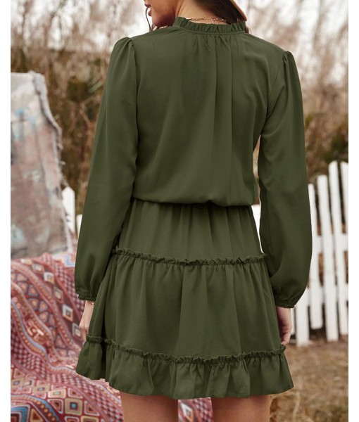 BTFBM Long Sleeve Fall Dresses for Women 2025 Summer Casual Tie Neck Ruffle Tiered A Line Wedding Guest Short Mini Dress