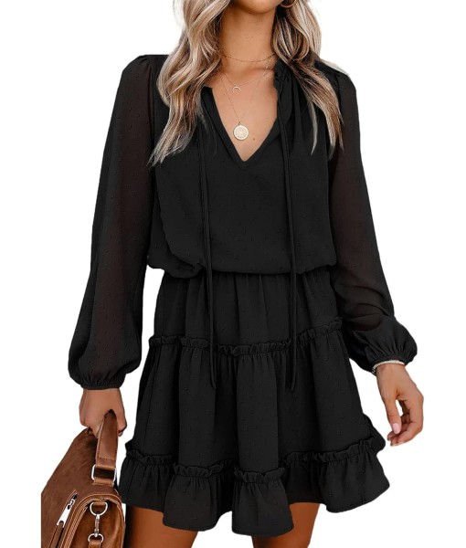 BTFBM Long Sleeve Fall Dresses for Women 2025 Summer Casual Tie Neck Ruffle Tiered A Line Wedding Guest Short Mini Dress